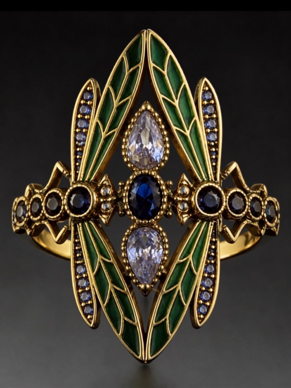 Vintage Art Nouveau Dragonfly Statement Ring | Emerald Green Enamel | New